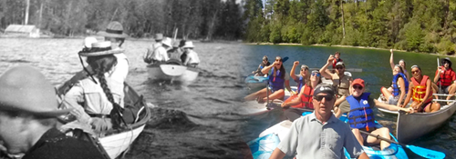 black and white photo of students rowing on the lake in early 1900s blends to color photo of same in 2018