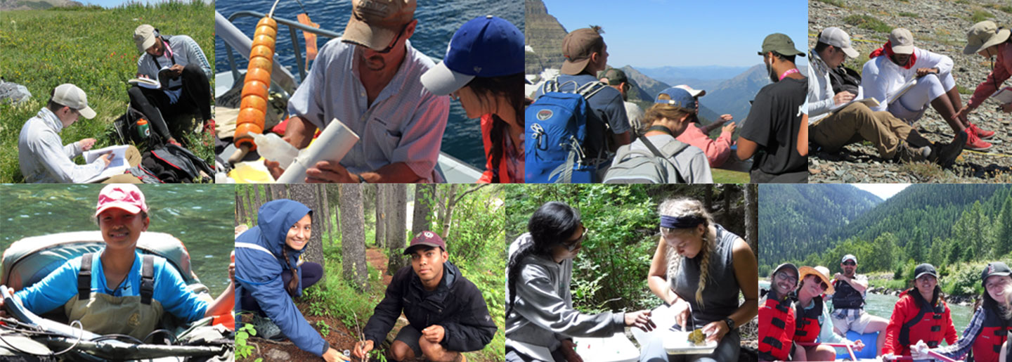 collage of images showing FLBS students conducting field research, exploring local ecosystems, and learning outdoors under the Big Sky