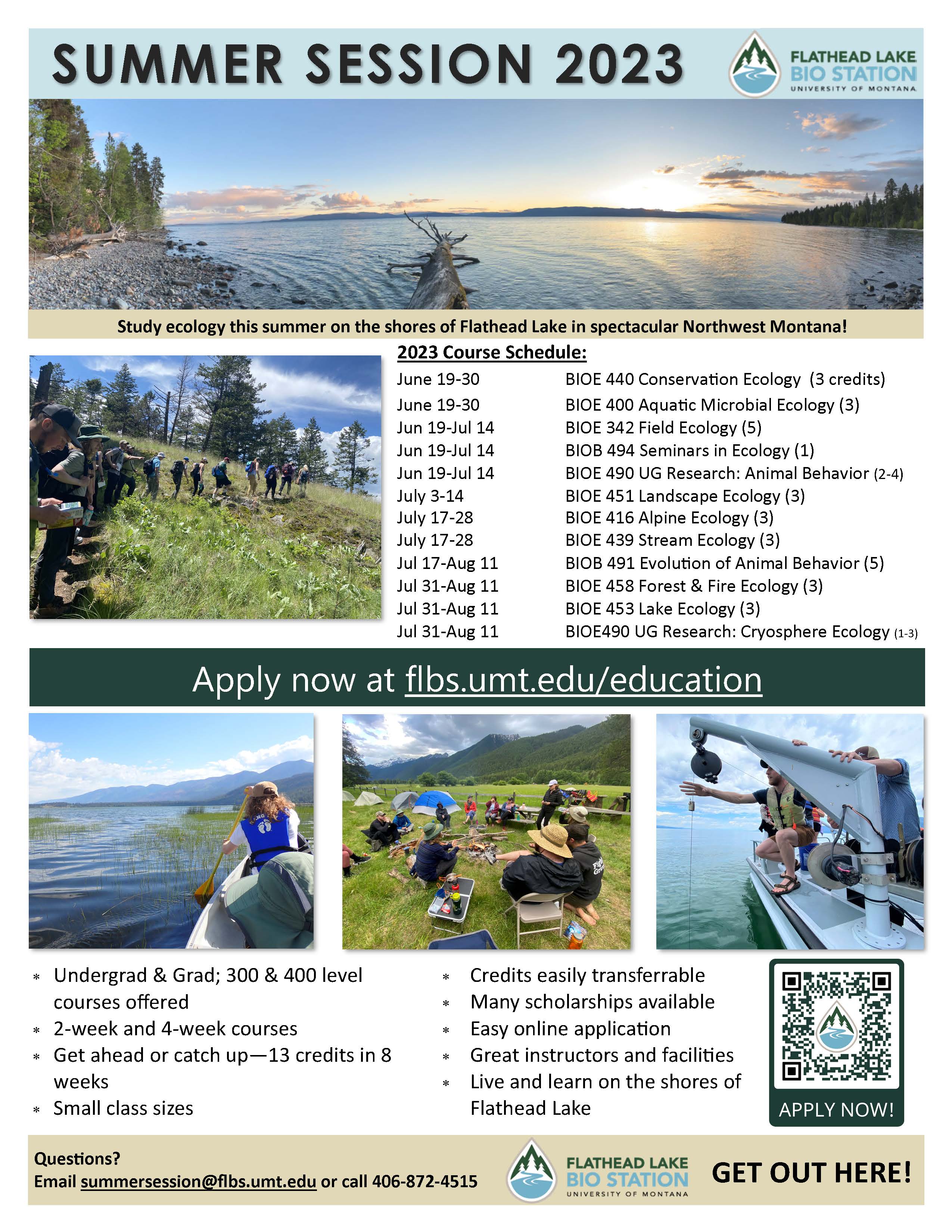 FLBS one page flier with summer course schedule, program highlights and images of students doing fieldwork