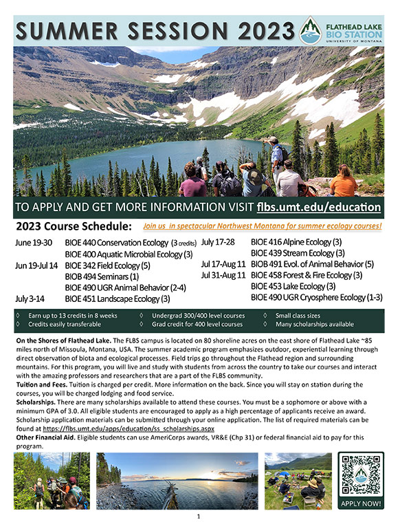 FLBS brochure page 1 with summer course schedule and image of students in Glacier National Park
