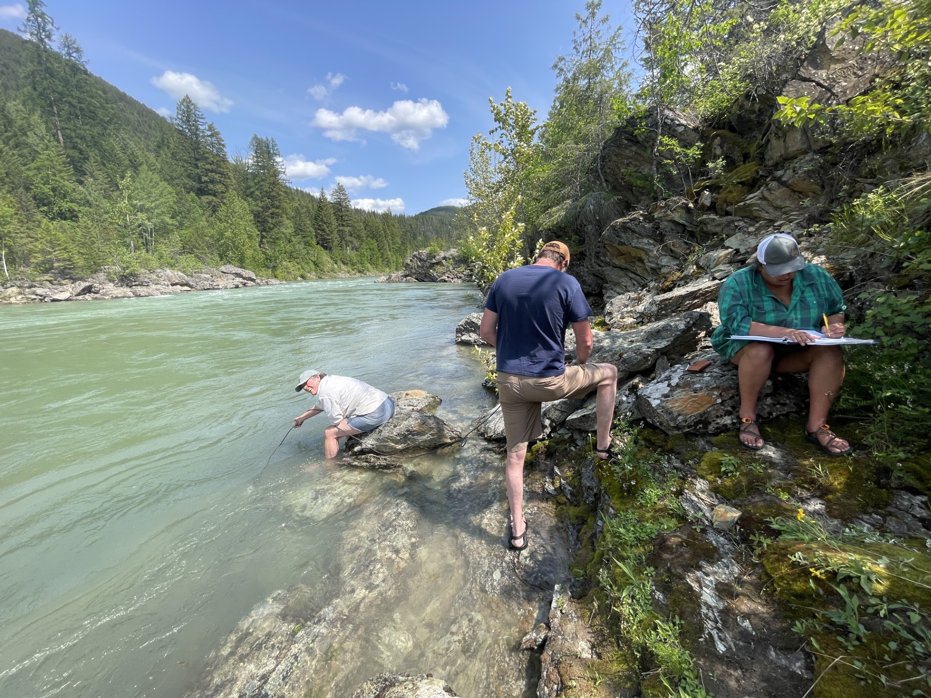 Three Flathead River Alliance members collecting data with a YSI instrument on the Clark Fork River.