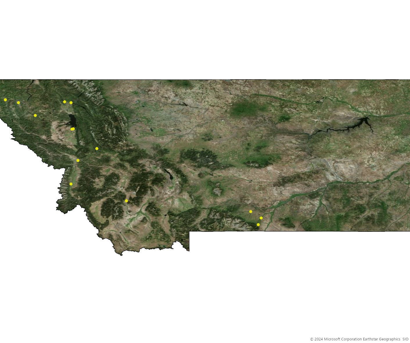 Satellite relief map of MT state with MMW sampling sites indicated by yellow dots