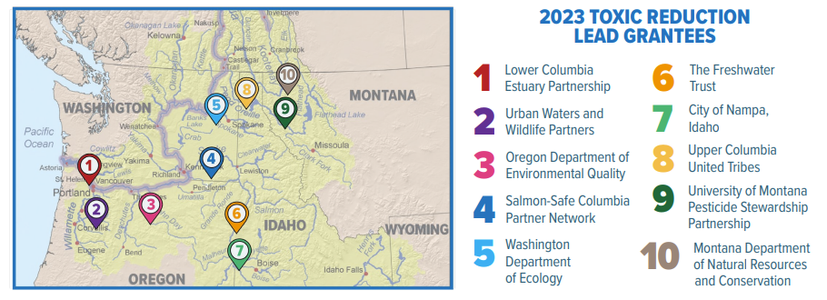 A map of Washington, Oregon, Idaho and Montana provided by the EPA with the name and location of ten toxic reduction grant recipients.