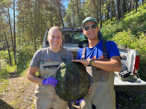 2022 Montana Conservation Corps Fellows Abigail Hendra and Haaken Bungum display the shell of a snapping turtle to demonstrate the potential size these invasive turtles can reach.