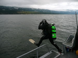 Jumping into Flathead Lake in December 2012 for buoy maintenance