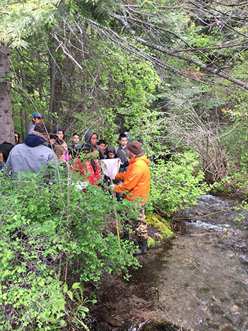 Instructor discusses aquatic sampling with students by a stream