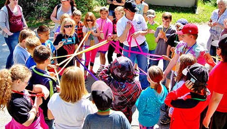 Students entwine themselves in a foodweb (made of string)