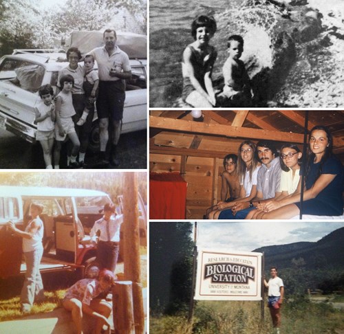 many pictures of the Foote family at the bio station, including two children sitting on the shore of the lake