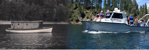 black and white photo of boat blends to color photo of boat with students