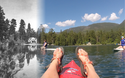 black and white image of yellow bay in 1900 blends to current color image of yellow bay