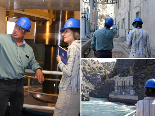 several pictures of Nanette Nelson and Brian Lipscomb touring the SQK Dam on the flathead river