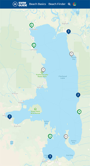 Map of Flathead Lake marked with Open Swim Guide beach locations