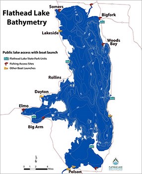 thumbnail of flathead lake outline with bathymetry lines, towns and fishing access locations