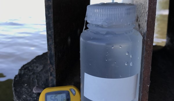 Water sample in plastic bottle with temperature reading of 56.1 degrees Fahrenheit