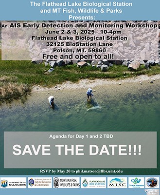 AIS Detection Workshop flyer - Vounteers collecting water samples along a lakeshore